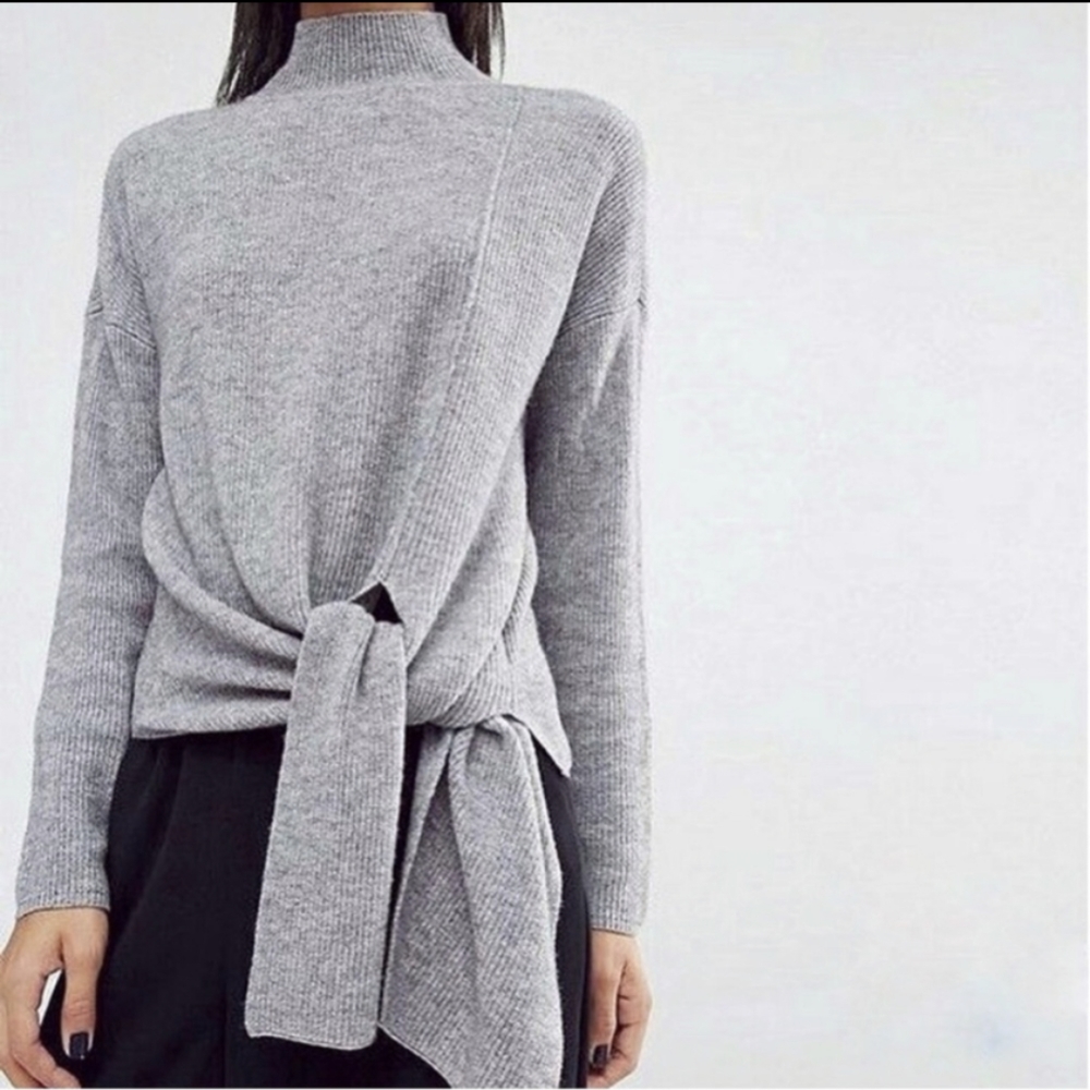 Grey Turtle Neck Ribbed Sweater w Tie Detail